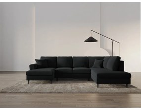 Colțar negru extensibil, cu spațiu de depozitare cu tapițerie din catifea (cu colț pe partea dreaptă-în formă de "U") Kyoto – Cosmopolitan Design