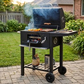 Grătar și afumătoare pe cărbuni VAGGAN, cu capac, termometru și spațiu de depozitare, 92 x 46 x 96 cm, negru