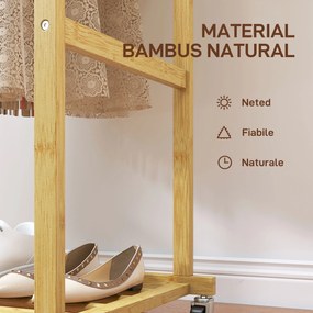HOMCOM Suport pentru haine cu 2 bare, raft inferior și 4 roți din bambus, 80x40x160 cm, lemn natural | Aosom Romania
