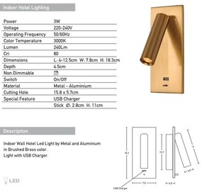 Aplica moderna cu spot LED directionabil USB Charger Hotel alama