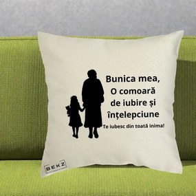 Cadou pentru Bunica - Perna Personalizata Bunica Mea Comoara Iubire Intelepciune Silueta, 40x40 cm, Ecru, Husa Detasabila, Perna Inclusa, BEKZ®