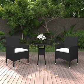 3095901 vidaXL Set mobilier bistro grădină 3 piese, negru, poliratan și sticlă