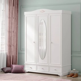 Dulap Cilek, 3 usi, oglinda inclusa, 140x60x204 cm, PAL alb, colectia Rustic White