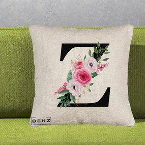 Cadou Personalizat - Perna Personalizata Monograma Florala Litera Z cu Buchet, 40x40 cm, Bej Canapea, Husa Detasabila, Perna Inclusa, BEKZ®