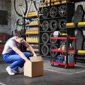 HOMCOM Cărucior Porta Unelte cu 3 Rafturi din Metal și PP, 70.5x35x82.5 cm, Roșu și Negru | Aosom Romania