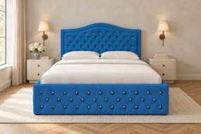Pat tapițat Chesterfield din catifea Solaria Deluxe Cristal 140×200 cm, albastru, cu ladă de depozitare