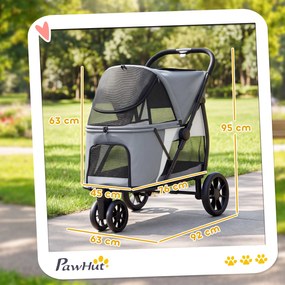 PawHut Cărucior pliabil pentru câini cu pernă lavabilă, ferestre din plasă, 3 roți, pentru câini de talie medie până la 20 kg, Gri | Aosom Romania