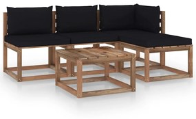 Set mobilier gradina paleti, cu perne, 5 piese, lemn pin tratat Negru, Colt + 2x mijloc + 2x suport pentru picioare, 1