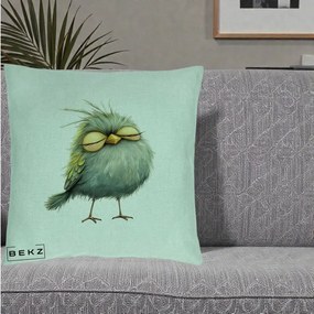 Perna Decorativa Pasare Teal Adormita cu Ochi Galbeni, 40x40 cm, Verde Menta, Husa Detasabila, Perna Inclusa, BEKZ®