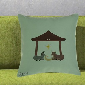 Perna Decorativa Ieslea din Betleem cu Iesle Asin si Bou, 40x40 cm, Verde, Husa Detasabila, Perna Inclusa, BEKZ®
