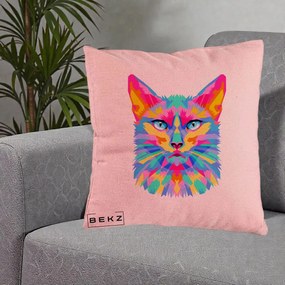 Perna Decorativa Pisica Pop Art Multicolor, 40x40 cm, Roz, Husa Detasabila, Perna Inclusa, BEKZ®