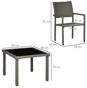 Outsunny Set Mobilier pentru Patio din Ratan PE, 5 Piese, Masă cu Blat de Sticlă și 4 Scaune cu Perne Moi, Gri | Aosom Romania