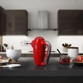 Mixer manual SMEG 50's Style HMF01RDEU, 250 W, 9 viteze, Functie Turbo, Afisaj LED, Timer, Accesorii, Rosu