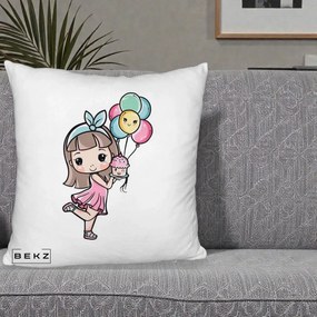 Perna Decorativa Fetita Kawaii cu Baloane si Cupcake, 40x40 cm, Alb Pufos, Husa Detasabila, Perna Inclusa, BEKZ®
