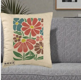 Perna Decorativa Flori Grafice Colorate Retro, 40x40 cm, Bej, Husa Detasabila, Perna Inclusa, BEKZ®