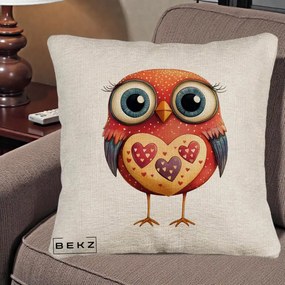 Perna Decorativa Bufnita Rosie cu Inimi Aurii, 40x40 cm, Bej Canapea, Husa Detasabila, Perna Inclusa, BEKZ®