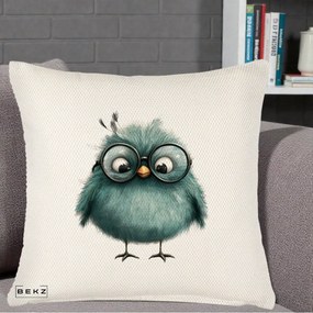 Perna Decorativa Pui Teal cu Ochelari Rotunzi, 40x40 cm, Crem Reliefat, Husa Detasabila, Perna Inclusa, BEKZ®