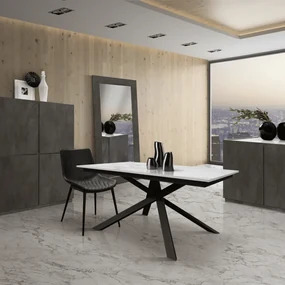 Masa Tiglio, blat extensibil pal laminat, picior metalic - BLAT MARMORAT, PICIOR GRI ANTRACIT - 140 cm / 80 cm
