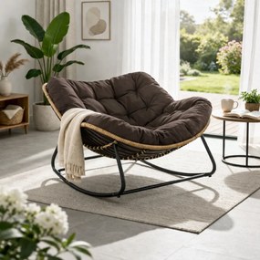 Scaun balansoar pentru interior si exterior, sezlong tip ou cu pernă captusita, cadru metalic, Maro