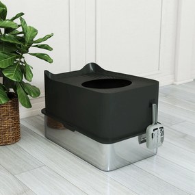 PawHut Bac de toaletă pentru pisici din oțel inoxidabil, capacitate mare de 85L, casă de toaletă semi-închisă, 60 x 40 x 38 cm, negru | Aosom Romania