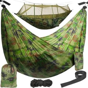 Hamac turistic cu plasă de țânțari SANTIAGO ARMY - 260 × 140 cm