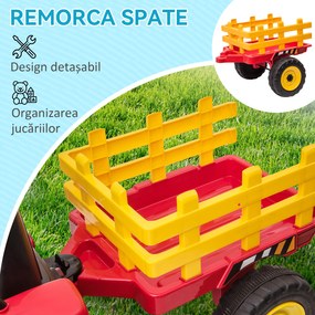 HOMCOM Tractor Electric pentru Copii cu Remorcă Detașabilă, Telecomandă și Lumini, pentru Copii 3-6 Ani, 136,5x50x52,5 cm, Roșu | Aosom Romania