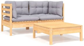 vidaXL Set mobilier de grădină cu perne gri, 3 piese, lemn masiv pin