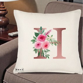 Cadou Personalizat - Perna Personalizata Monograma Rose Gold Litera H, 40x40 cm, Crem Reliefat, Husa Detasabila, Perna Inclusa, BEKZ®