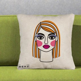 Perna Decorativa Portret Pop Art Fata, 40x40 cm, Bej Canapea, Husa Detasabila, Perna Inclusa, BEKZ®