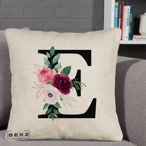 Cadou Personalizat - Perna Personalizata Monograma Florala Litera E, 40x40 cm, Bej Canapea, Husa Detasabila, Perna Inclusa, BEKZ®