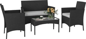 Outsunny Set mobilier de grădină exterior 4 persoane din rășină împletită cu canapele și măsuță din sticlă securizată perne incluse gri | Aosom Romania