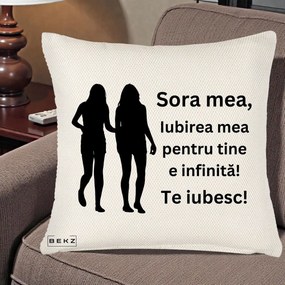 Cadou pentru Sora - Perna Personalizata Sora Mea Te Iubesc Siluete Negre Tinand Maini, 40x40 cm, Crem Reliefat, Husa Detasabila, Perna Inclusa, BEKZ®