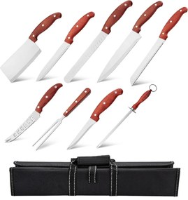Set cuțite inox 9 piese in husa maro Royalty Line RL-K9C