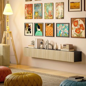 HOMCOM Comodă TV suspendată 140 cm, mobilier TV pentru televizoare 182,88 cm, 2 uși rabatabile, 140x25x22cm, lemn natural și negru | Aosom Romania