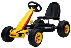 Kart cu pedale pentru copii NOVOKIDS® Fever Kart PRO, Carena, Structura metalica, Frana de mana, Scaun Ajustabil, Mers cu spatele, Galben