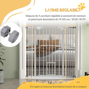 PawHut Poartă Reglabilă pentru Câini Înaltă cu Ușă Mică și Închidere Automată, 74-101x104cm, Alb | Aosom Romania
