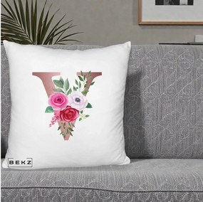 Cadou Personalizat - Perna Personalizata Monograma Rose Gold Litera V, 40x40 cm, Alb Pufos, Husa Detasabila, Perna Inclusa, BEKZ®