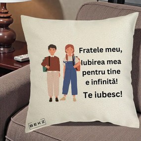 Cadou pentru Frate - Perna Personalizata Fratele Meu Te Iubesc Elevi Ilustratie Colorata, 40x40 cm, Ecru, Husa Detasabila, Perna Inclusa, BEKZ®