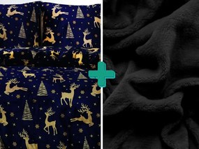 Lenjerie de pat din microplus GOLDEN DEER albastru inchis + cearsaf din microplus SOFT 90x200 cm negru