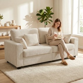 HOMCOM Canapea 3 locuri bej cu tapițerie Raindrop din catifea, șezut adânc, perne cu arcuri, brațere late și 4 perne | Aosom Romania