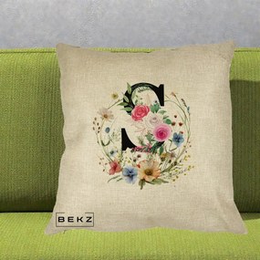 Cadou Personalizat - Perna Personalizata Monogram Litera S cu Flori Acuarela, 40x40 cm, Crem, Husa Detasabila, Perna Inclusa, BEKZ®
