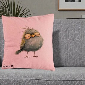 Perna Decorativa Pasare Teal Adormita cu Ochi Galbeni, 40x40 cm, Roz, Husa Detasabila, Perna Inclusa, BEKZ®