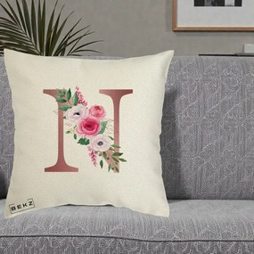 Cadou Personalizat - Perna Personalizata Monograma Rose Gold Litera N, 40x40 cm, Ecru, Husa Detasabila, Perna Inclusa, BEKZ®
