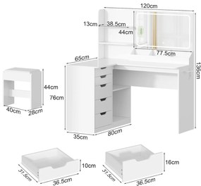 SEA496 - Set Masa toaleta 120 cm pentru colt, cosmetica machiaj, oglinda cu LED, masuta vanity cu scaun tapitat, cu Prize, USB si Suport Uscator par
