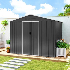 Outsunny Căsuță de Grădină 3.6m² din Oțel Zincat cu Grile de Ventilație, Căsuță de Grădină cu Uși Glisante Duble Blocabile, Acoperiș Înclinat, Căsuță pentru Unelte cu Mănuși, Gri Închis | Aosom Romania