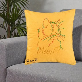 Perna Personalizata Pisica Meow Arta Linie Colorata, 40x40 cm, Galben, Husa Detasabila, Perna Inclusa, BEKZ®