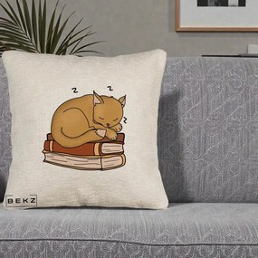 Perna Decorativa Pisica Adormita pe Carti, 40x40 cm, Bej Canapea, Husa Detasabila, Perna Inclusa, BEKZ®
