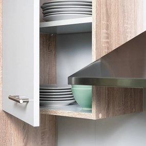 Mobilă de bucătărie de colț Yorki 340, corp din stejar Sonoma, cu față alb satinat