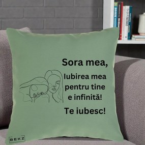 Cadou pentru Sora - Perna Personalizata Sora Mea Te Iubesc Line Art Portrete Fata in Fata, 40x40 cm, Verde, Husa Detasabila, Perna Inclusa, BEKZ®