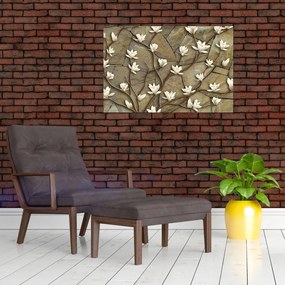 Tablou - Magnolii albe pe zidărie de piatră (90x60 cm)